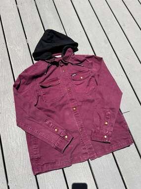 Tony Hawk Maroon Denim Snap-Front Shirt Jacket with Black Hood